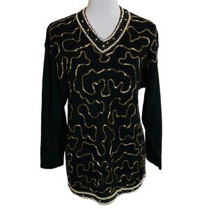 Victoria Harbour 90s Beaded Sequin Knit Sweater Size M Long Sleeve Black Gold